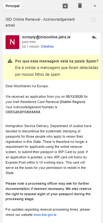 INIS Online - Step 11 - Email da imigração confirmando a aplicação